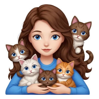 girl with long wavy brown hair, blue eyes, long lashes makeup, cuddling with 6 cats sticker