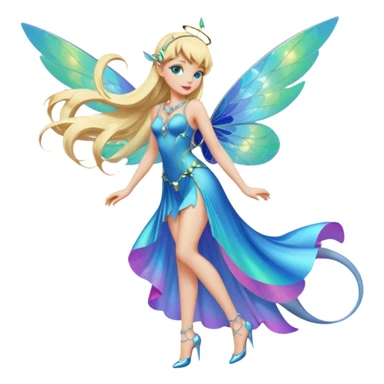 Isolated, rendering, Tinkerbell with futuristic cyberpunk style and colors, ultra detailed wings, flying by the quarter shaped, blue iridescent whimsical moon, blonde long flowing hair,  jewel green eyes, pink cheeks and lips,  in a one piece blue dress, full body side view, masterpiece  sticker