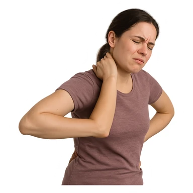 realistic woman with posture showing frequent discomfort and muscle tension, expression of discomfort, isolated composition on white background sticker