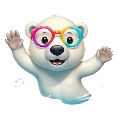 friendly anthropomorphised polar bear swimming in a crawl pose, wearing oversized colorful star glasses, excited expression, no festive outfit sticker
