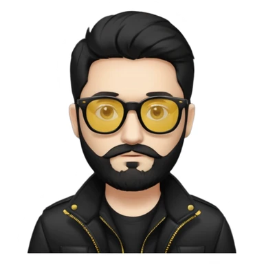 A man White middle long middle part black hair sunglasses with yellowish glasses And black jacket. Hipster black beard sticker