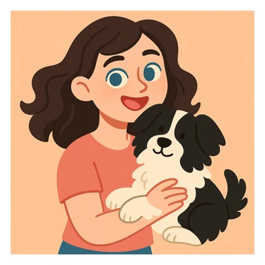 soft cartoon style of a Baltic girl with fair skin, brunette wavy hair, and blue eyes, smiling while holding her fluffy black and white dog sticker