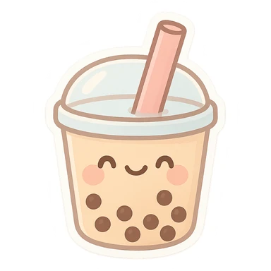 smiling boba tea cup with a straw, kawaii face, soft colors sticker