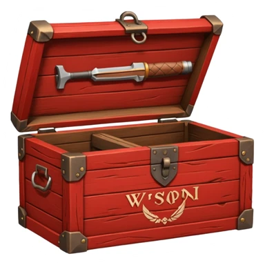 generate a very realistic wooden box with a red weapon inscription sticker