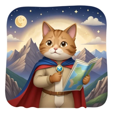 Explorer cat holding a map, mountains and stars in background, wearing light clothes and cape blowing in wind, looking into distance sticker