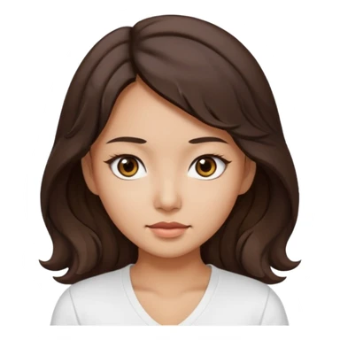 iOS style emoji. A girl with very long dark brown wavy hair. And the eyes color is dark brown. And she is wearing white t shirt with V kneck. And she is 30. She is Asian with double eyelids  sticker