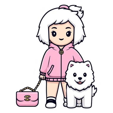 girl in pink Chanel-style outfit with white Samoyed dog sticker