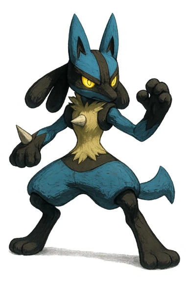 Lucario, cool martial arts stance, blue and black fur, glowing yellow eyes sticker