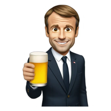 Emmanuel Macron holding a beer sticker