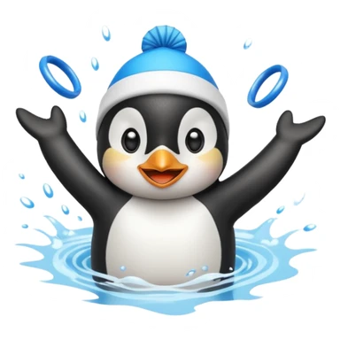 A cheerful penguin swimmer in swim cap, doing a playful backstroke with water rings popping around.
 sticker