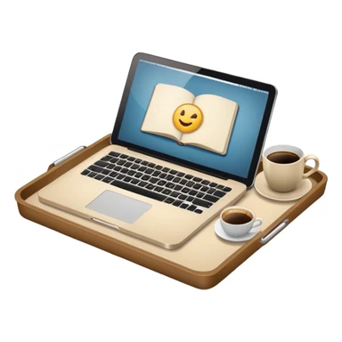 Laptop on the rectangular beige coffee tray, coffee and notebook sticker