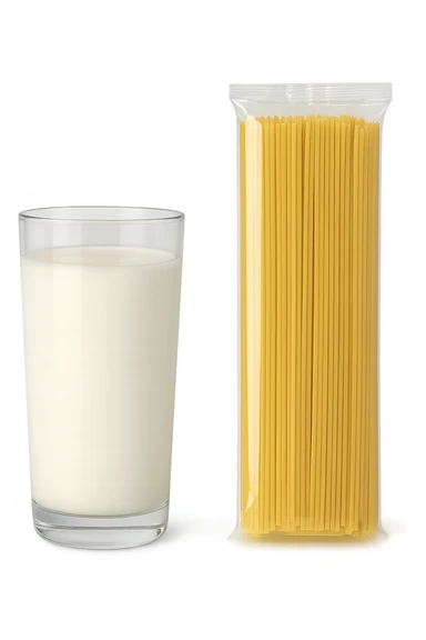 bicchiere di latte accanto a pacco di pasta sticker