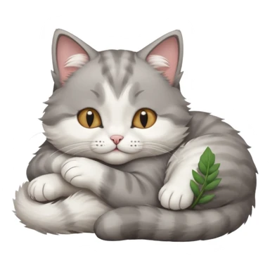 grey and white small cat with its eyes closed lying down with its paw curled and holding up his head sticker