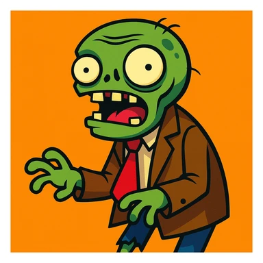 cartoon zombie with silly expression wearing brown jacket, inspired by Plants vs Zombies sticker