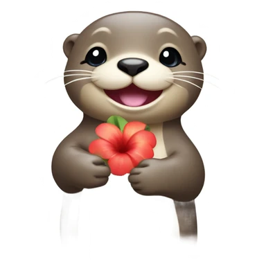 A happy and cute otter face with a Hawaiian flower-shaped pin, holding a heart in its hand. sticker