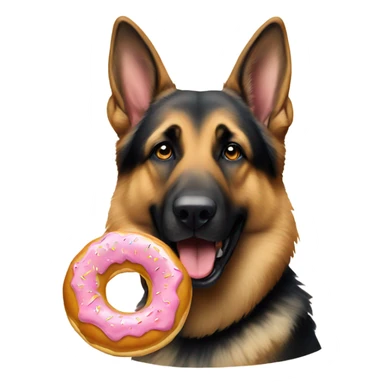 German Shepherd eating a donut sticker