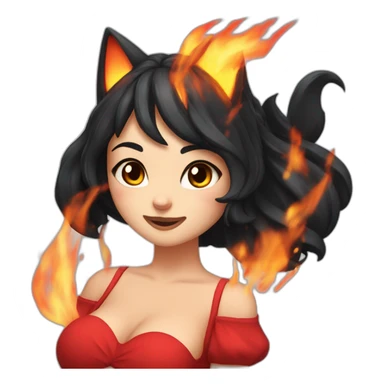Catgirl with black hair wearing a red dress dousing fire with water sticker