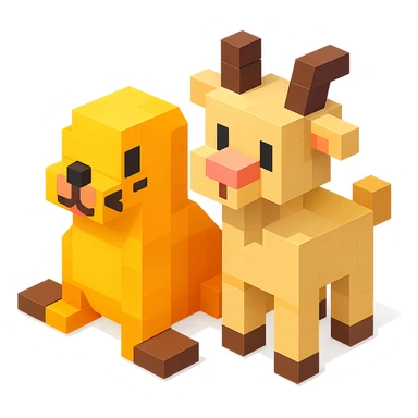 a seal and a goat sitting together in Roblox style, blocky and playful, vibrant colors sticker