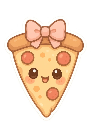 chibi sticker-style slice of pizza with a bow, cute and exaggerated sticker