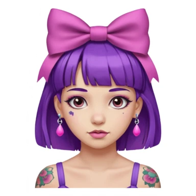 girl with bangs and purple hair and pink hairbow on the side of head and earrings and tattoos sticker