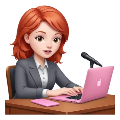 Redhead sat at desk with pink MacBook and microphone  sticker