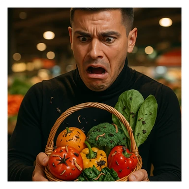 Create a realistic or semi-realistic style image of a 30-year-old man inspired by the reference image. He is holding a basket of fresh-looking fruits and vegetables with a shocked or disgusted expression as he notices parasites crawling on the produce. The produce is vibrant with visible worms, larvae, or tiny insects among the leaves and skin. The background is a market, kitchen, or garden setting. Emphasize strong textures and contrast between freshness and contamination, conveying a health-risk atmosphere. sticker