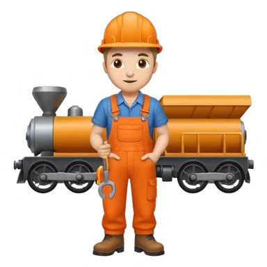railway engineer in orange overalls, boots, holding a spanner sticker