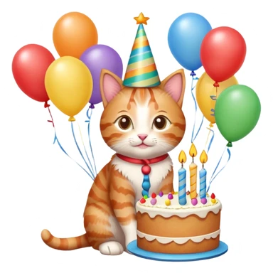Ginger tabby kitten birthday, birthday hat, birthday cake, balloons, happy, gifts sticker