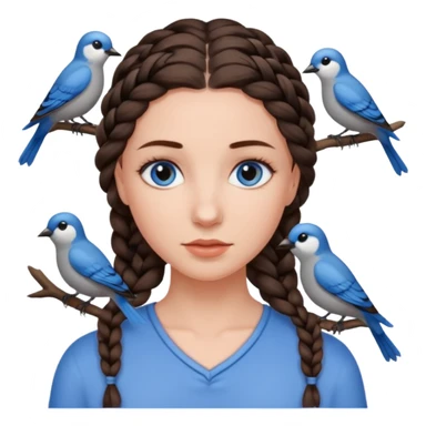 женщина с одной темно-коричневой косой серо-голубыми глазами и светлой кожей в окружении птиц sticker