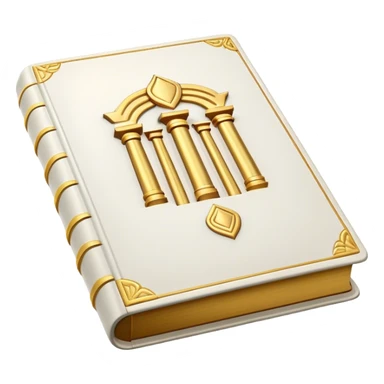 A white leather book with golden accents, smooth and polished, embossed with a symbol of six pillars,, radiating strength, confidence, and the power of self-worth.  sticker