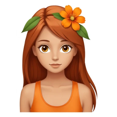 pretty girl with hazel, almond shaped eyes, she las light a bit tanned skin, she has brown auburn hair straight and long lashes, she had orange flower in her head, and orange tank top, her hair is long length  sticker