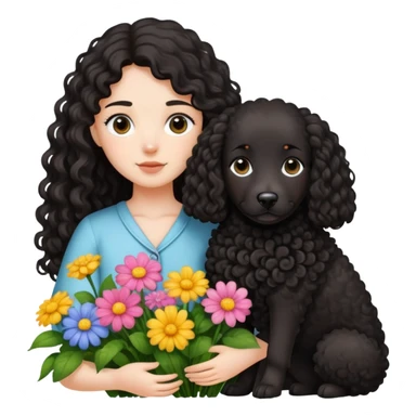 A long-haired girl holding a black curly-haired Tactic dog in the flowers sticker