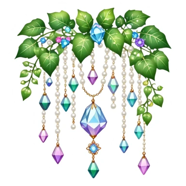 Exotic romantic Few cute tiny Iridescent glistening glossy sparkly shiny glittery hanging crystals pearls and beads and gemstones scenery scenic decorations with ivy and flowers sticker