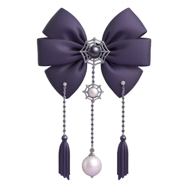 3D emoji gothic bow, white silk, silver spiderweb brooch, black chain fringe, dark pearl details sticker