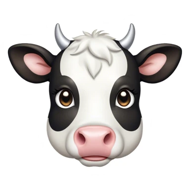 Cinematic Cute Black and White Cow Portrait Emoji, Head tilted playfully and inquisitively, featuring a glossy, contrasting coat of black and white, round, sparkling brown eyes filled with gentle curiosity, Simplified yet irresistibly adorable features, highly detailed, glowing with a warm, friendly glow, high shine, affectionate and serene, stylized with a touch of contemporary charm, bright and endearing, soft glowing outline, capturing the essence of a mischievous yet loving cow, so playful it feels like it could moo out of the screen and into your arms! sticker
