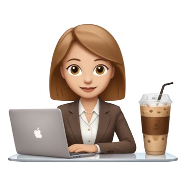 Women in front of laptop with a happy face, light brown hair, light brown big eyes, light skin with a iced coffee on the side, business attire sticker