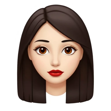 A woman emoji with fair skin, long straight dark brown hair parted in the middle, an oval-shaped face, arched dark eyebrows, almond-shaped brown eyes, a small nose, and full lips colored with red lipstick. sticker