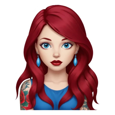Female long burgundy hair, blue eyes, large red lips, tattoos, artist sticker