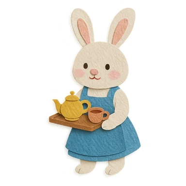 highly detailed, high quality paper craft style illustration of a white bunny in an apron holding a tea tray, intricate textures, soft lighting, delicate cut-paper details sticker