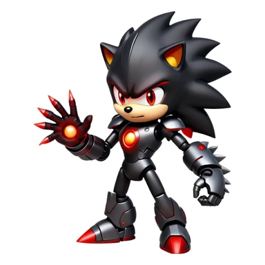 Robotic Shadow the Hedgehog with black metallic body, red glowing eyes, red energy streaks, and battle stance sticker