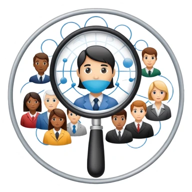 An icon featuring a network of interconnected people, a magnifying glass, and a chart, symbolizing sociology. The design includes diverse figures and social patterns, representing the study of society, behavior, and social structures. Transparent background highlights human interaction sticker