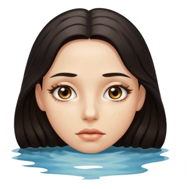 Woman submerged in black water, wet skin and eyes above surface, silent invitation sticker
