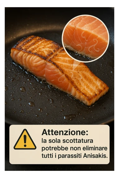 a close-up of a salmon fillet being lightly seared in a hot pan, with the outer layer cooked but the inside still raw. An inset magnifies the interior, showing visible Anisakis parasites surviving in the uncooked portion. A warning icon and educational text explain that searing alone may not eliminate all parasites. in italiano sticker