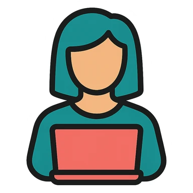 Icon style illustration of a teal woman at a laptop, minimal design, with slightly rounder laptop corners, matching the reference image. sticker