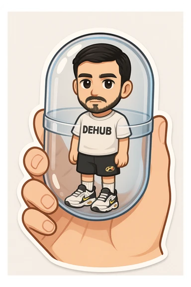 A highly detailed, all-glass gashapon capsule held between two fingers. Inside is a miniature chibi version of the person in the reference photo, with the same face, life-size chibi style. The chibi wears a white T-shirt with 'DEHUB', black 'Air Max' shorts, Air Max TN shoes, and white Nike socks. Emphasize the realism of the capsule and the collectible charm of the chibi figure inside. sticker