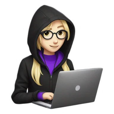 Girl blond artist with round glasses left side behind his laptop with this style: Alan Walker Singer purple character purple black hooded hacker themed character sticker