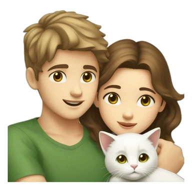Girl with brown eyes and brown hair kisses the boy with brown hair and green eyes and hugs two white cats sticker