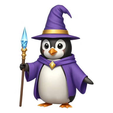 penguin wearing a wizard hat and robe, holding a magic wand sticker