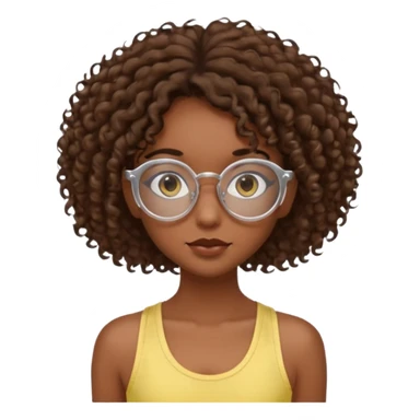 girl with dark skin and brown curly hair and clear circular lensed glasses, long eyelashes, wearing a light yellow tank top sticker