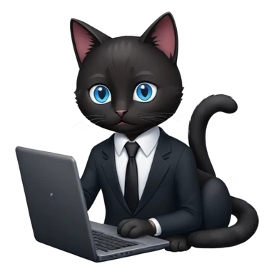 black cat with blue eyes in a black suit with black tie and laptop sticker